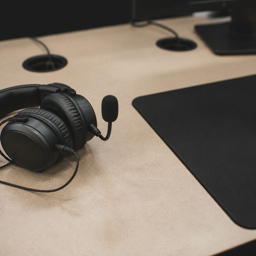 Close-up of a team station desk with a headset resting on a large sand-tone mousepad