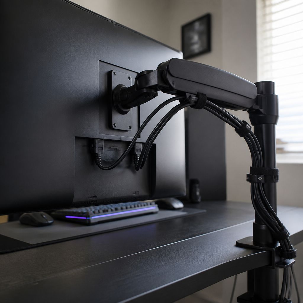 Tidy cable management and a monitor arm in matte black hardware behind a gaming station